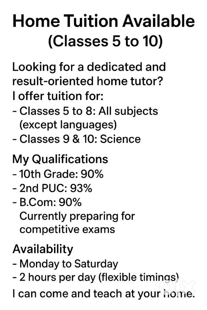 Home Tuition Available (Classes 5 to 10)
