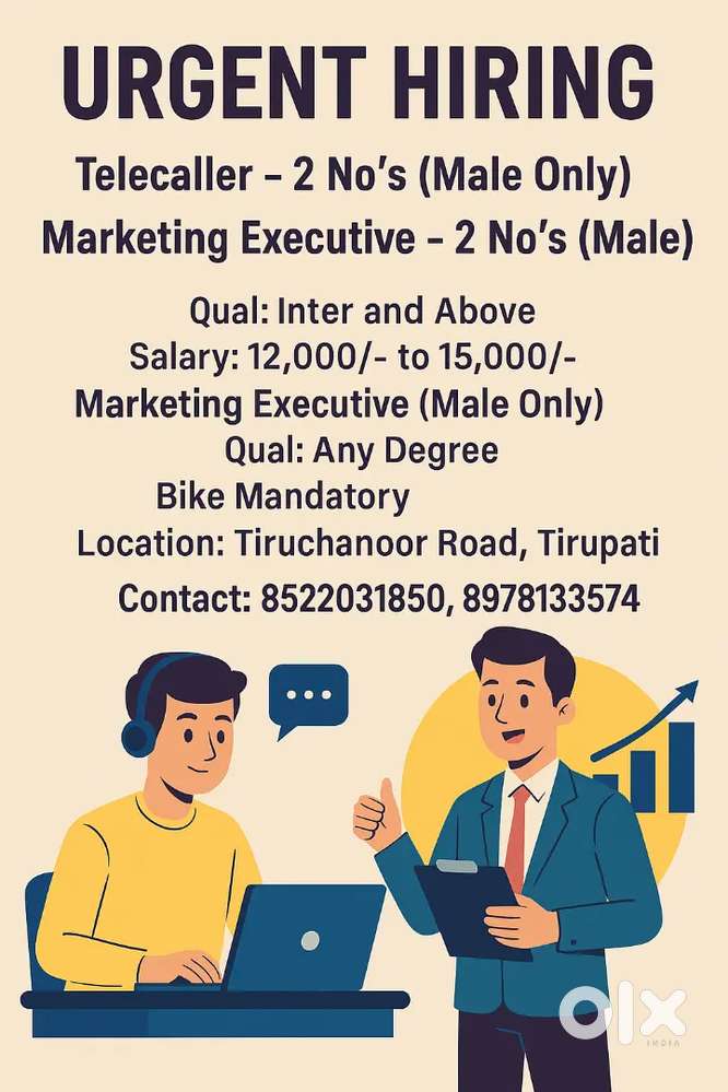 Urgent Hiring For Telecaller 2No's & Marketing Executive 2No's