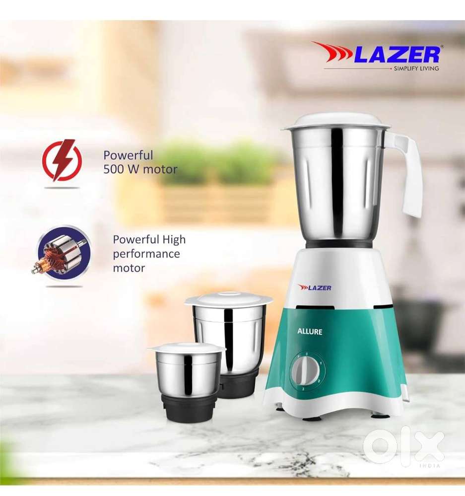 Lazer Allure 3 Jars 500W Mixer Grinder, White with Aquamarine