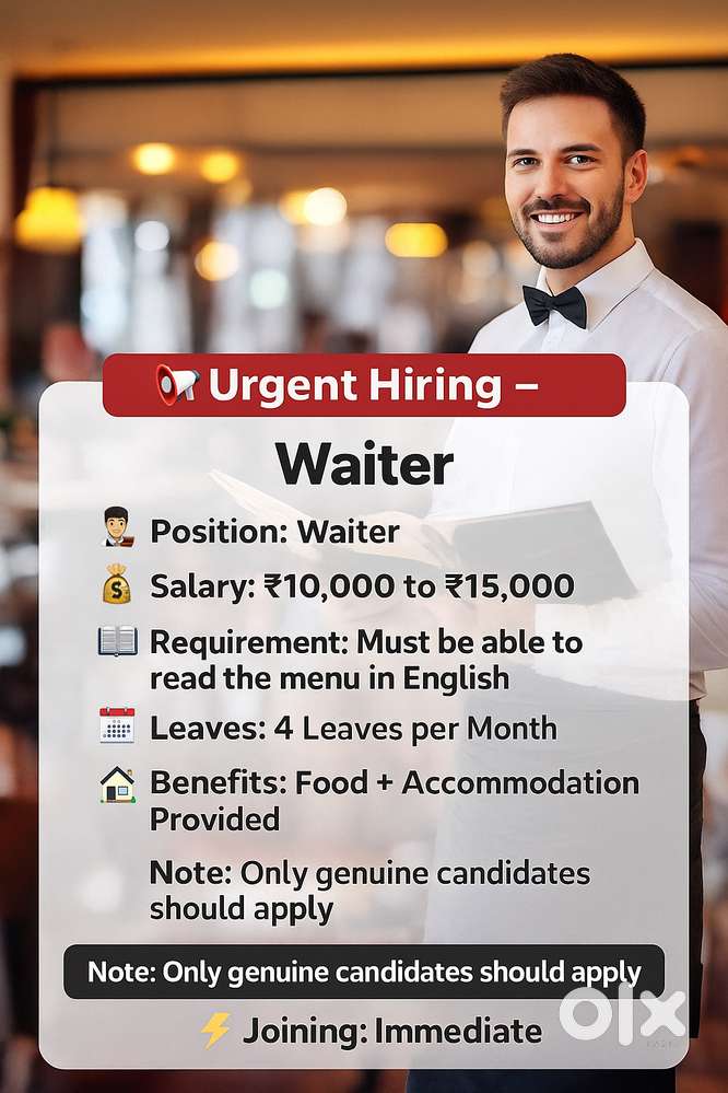 Urgent Hiring – Waiter  ‍