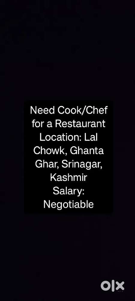 Cook/Chef required in Lal Chowk,  Ghanta Ghar, Srinagar