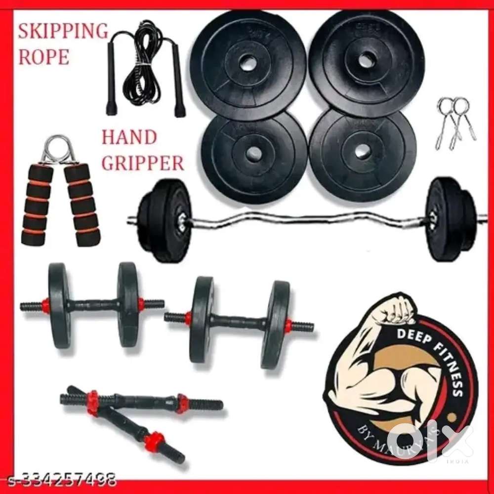 10kg Home Gym Combo,Curl Rod, Dumbels,Plate,Skipping Rope,Hand Gripper