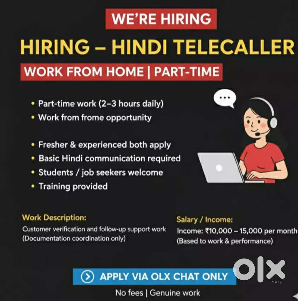 We are hiring for Part-Time Work From Home Hindi Telecaller job.