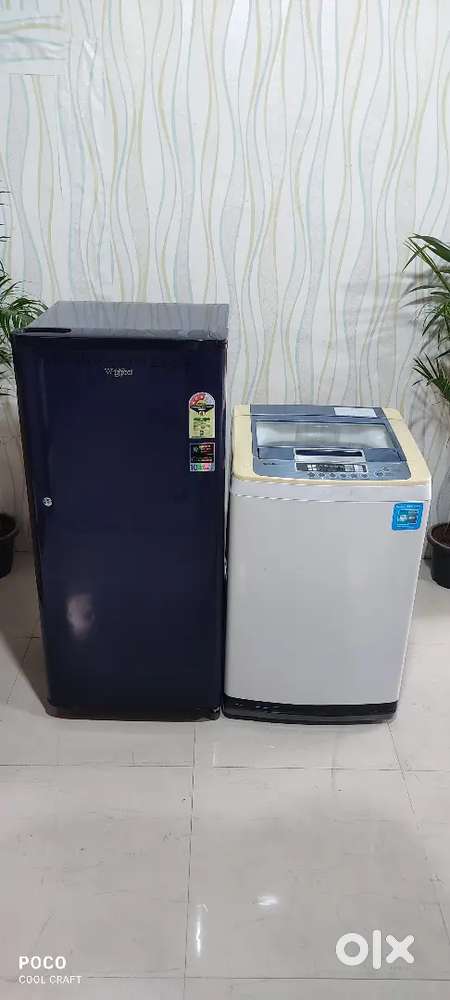 Whirlpool Single Door Fridge & Samsung Top load washing machine.