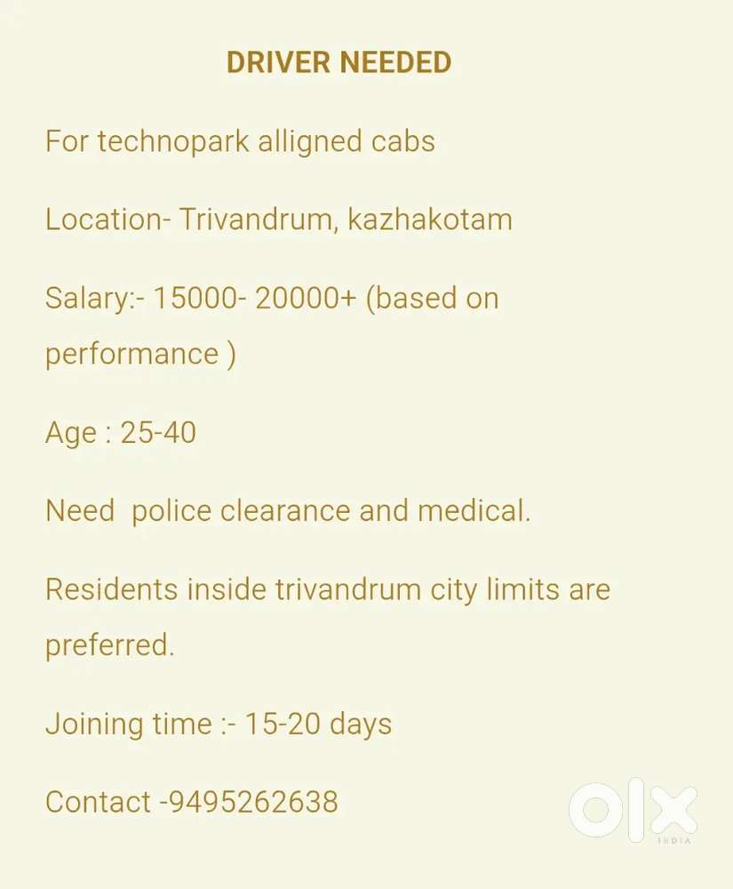 DRIVER NEED FOR CABS AT KAZHAKOTAM