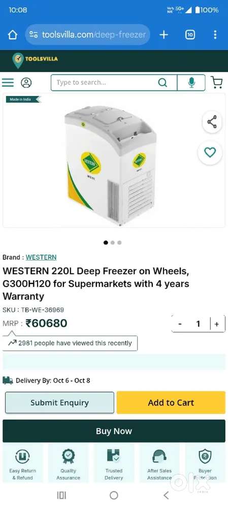 WESTERN 220L Deep Freezer on Wheels, G300H120 with 4 years Warranty