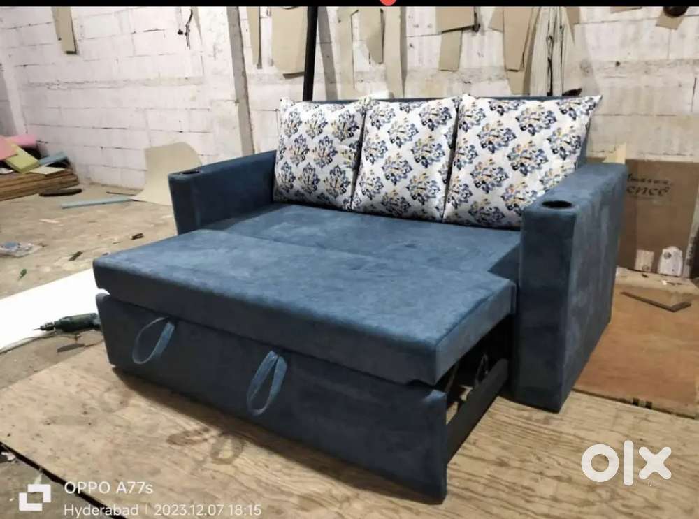 Blue fabir 3 seater sofa cum bed emi available Aliyar Arham