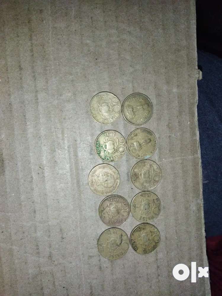 Twenty paise brass coins.