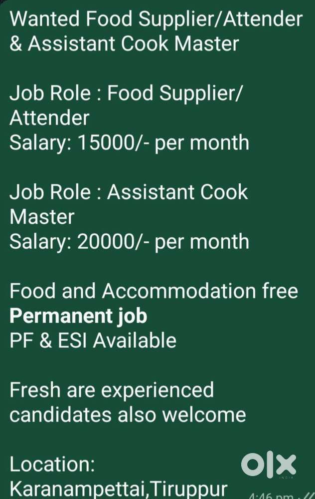 Wanted Food Supplier/Attender & Assistant Cook Master