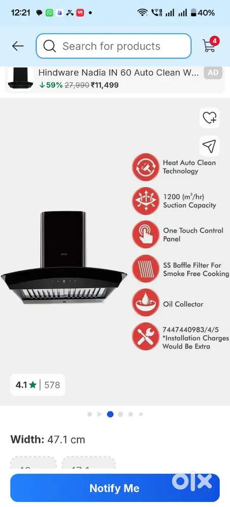 Elica auto clean Chimney, WDAT HAC 60 Nero