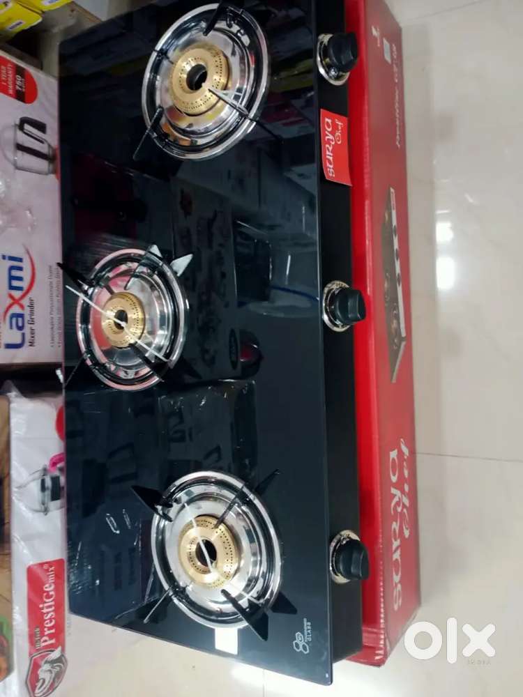 Surya 3 burner black glass top gas stove new pcs