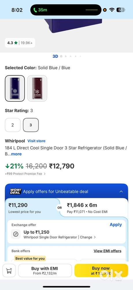 Whirlpool refridgerator 3 star