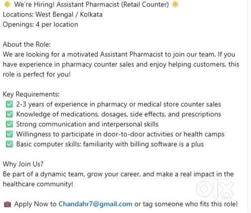 Assistant Pharmacist (Retail Counter)