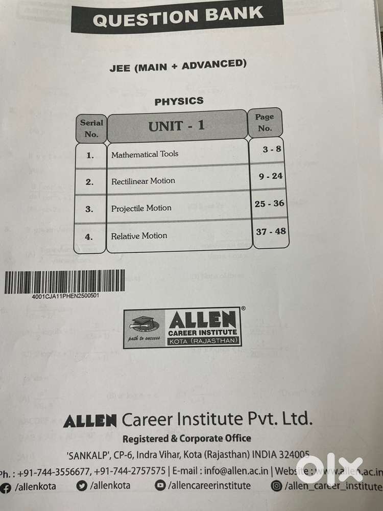 Allen JEE main and advance problems questions bank for class XI