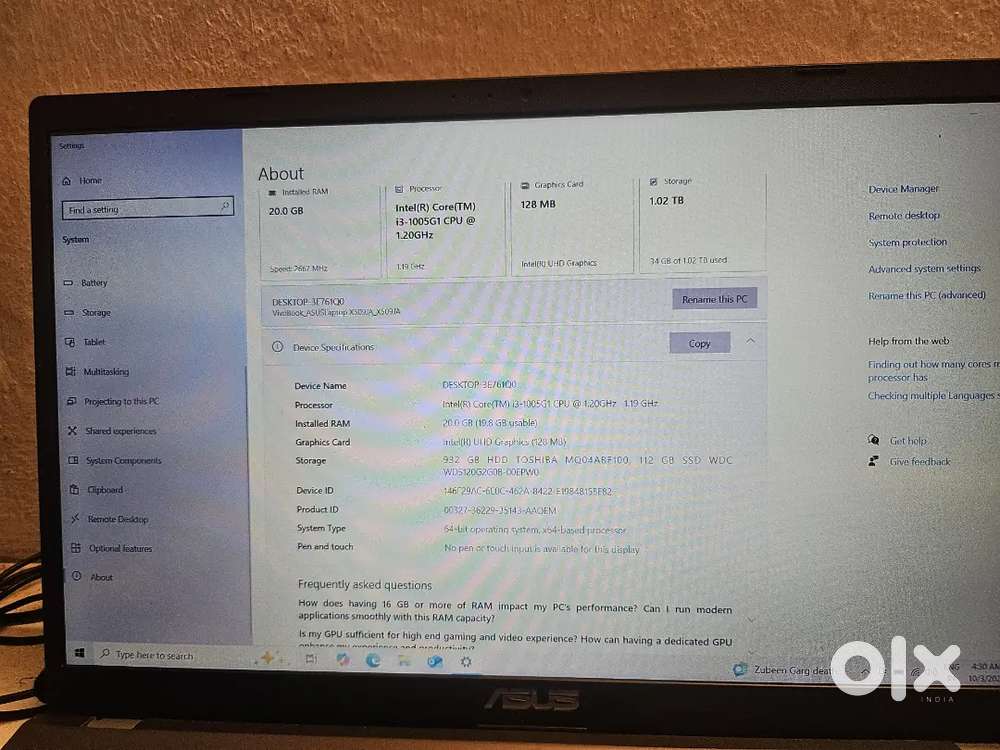 Asus Core i3-10th generation 20Gb ram