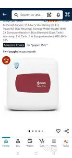 AO Smith Geyser 10 Litre 5 Star Rating (BEE)  Powerful 2KW Heating