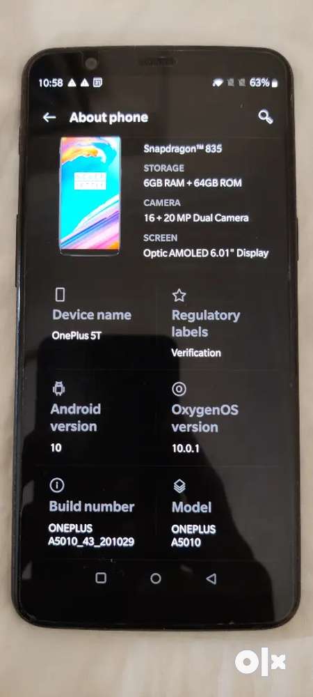 OnePlus 5T, 64GB with 6GB RAM. Black colour, no dents