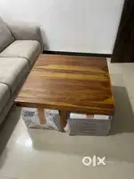 Sheesham Wood Center Coffee Table Set with 4 Stools for Living Room