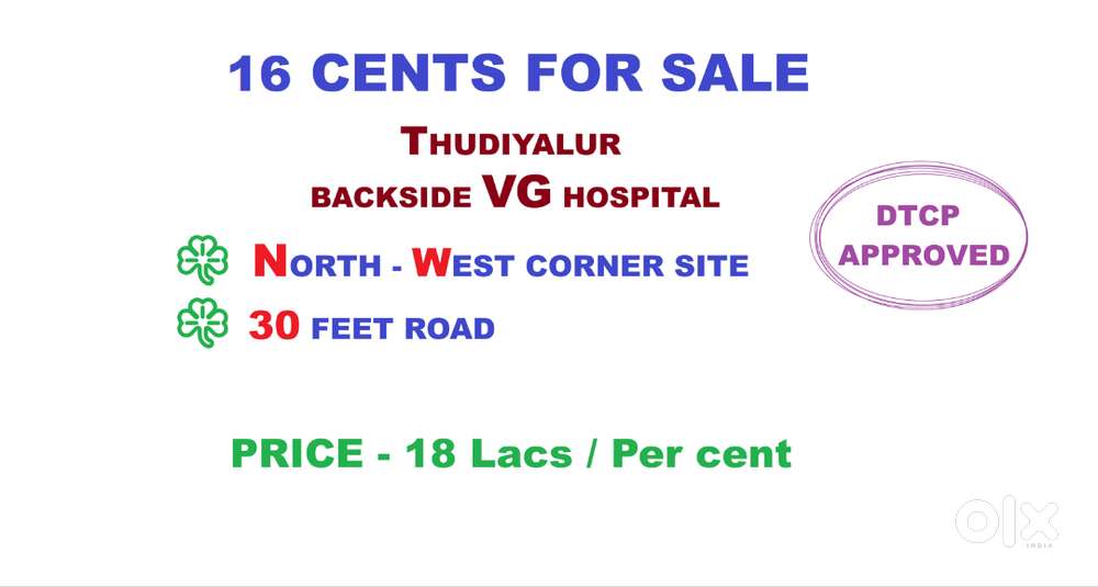 16 CENTS FOR SALE-VG HOSPITAL BACKSIDE - THUDIYALUR - 18 LACS PER CENT