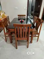 6-Seater Sheesham Wood Dining Table with Glass Top & Cushioned Chairs