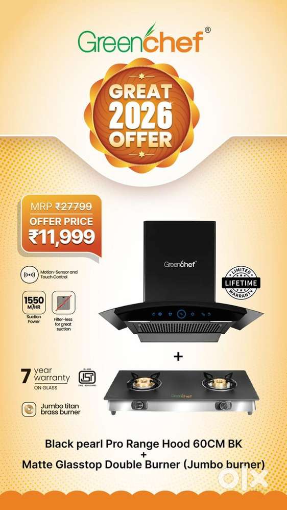 Brand New Greenchef Black Pearl Chimney+ 2 BR Jumbo Stove MRP-27799.