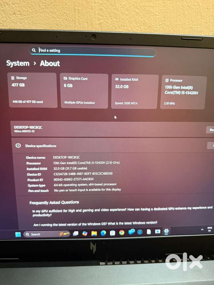 Acer Nitro V15 (32gb ram) & 6gb RTX 4060 Graphics card