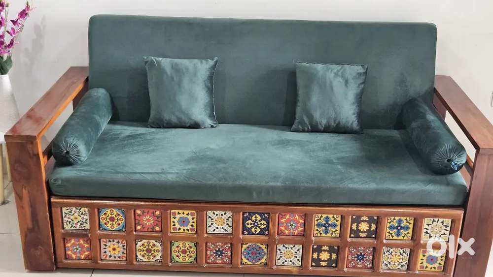 Sofa Cum Bed  Teak Wood  Green Velvet  Excellent Condition