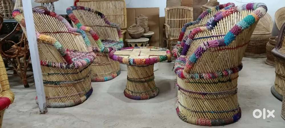 Multicolour Bamboo mudda with Table Stool rack with 4 tier shelf Lamp