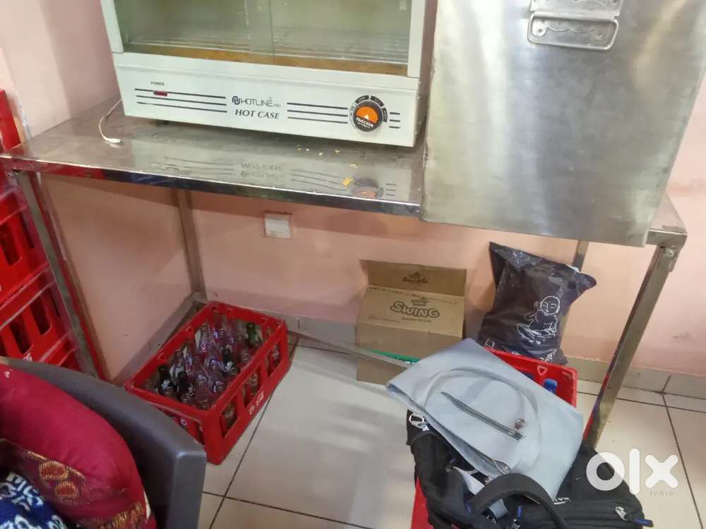 Roti maker, ss table, stools, dine table, wooden table, stove