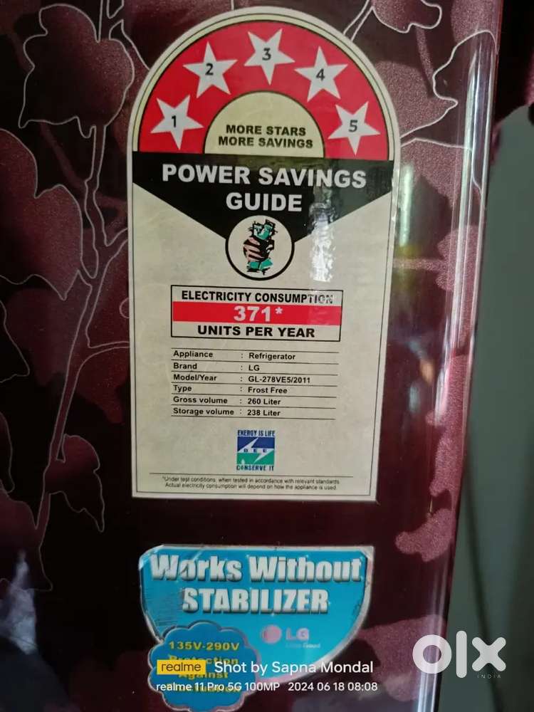 LG 5 Stars double door refrigerator Works without Stabilizer 260Liter