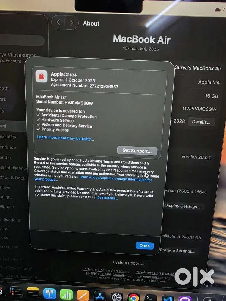 Apple MacBook Air M4 - 256GB  AppleCare+ till 2028  2 Months Used