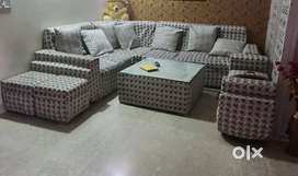 Seven seater Sofa set, centre table, couch and two puffies
