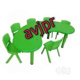 New play school furniture plastic half moon table with six chairs set