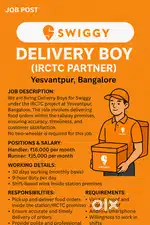 Delivery Boy – Swiggy (IRCTC Partner) We are hiring Delivery Boys for