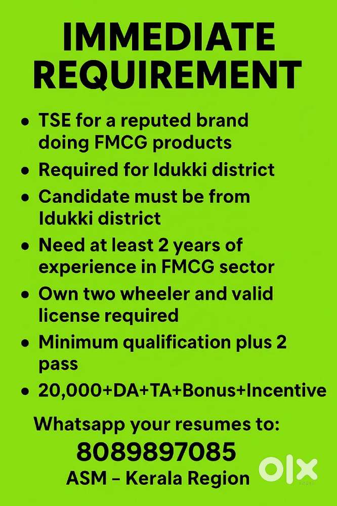 Territory sales executive for Idukki
