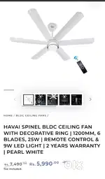 Brand New Havai Spinel BLDC Ceiling Fan (1200mm, 28W) – Energy Saver