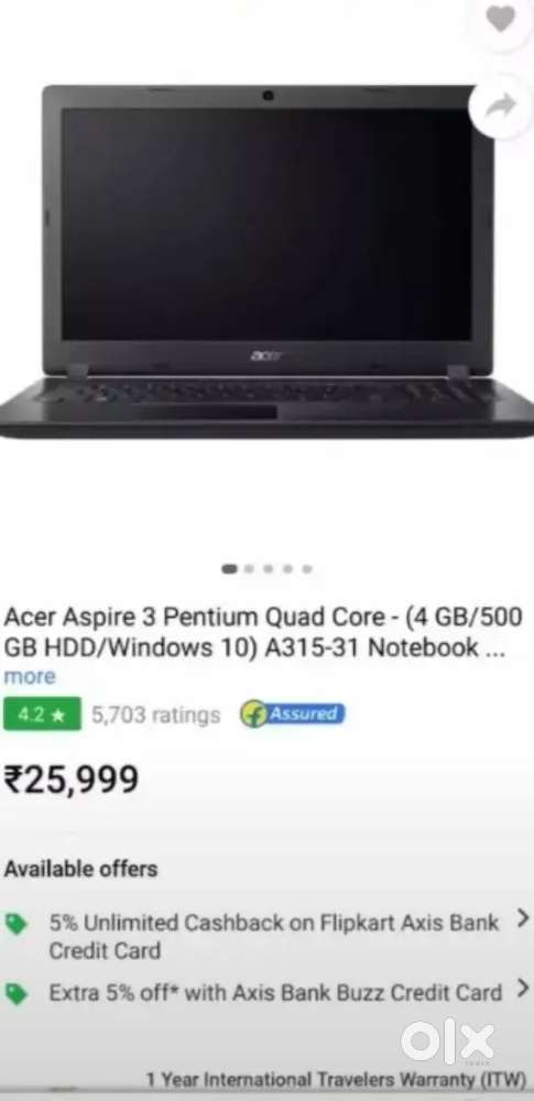 Very less used, Acer Aspire 3, A315-31,
15.6inch, 4 Gb Ram