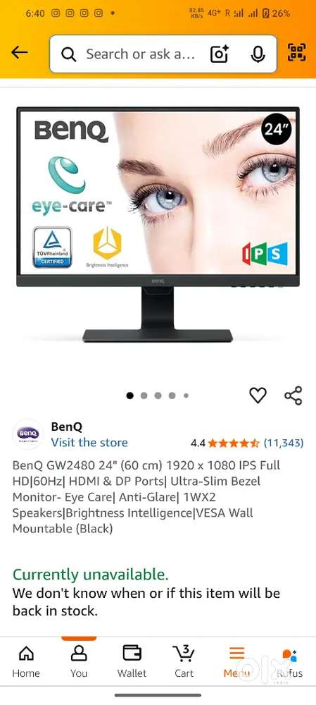 Unused new condition monitor - Benq GW 2480 ,24inch full hd ultra slim