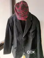 Bond Look Black Woolen 2 Button Coat + Woolen Golf  Cap - Size 44