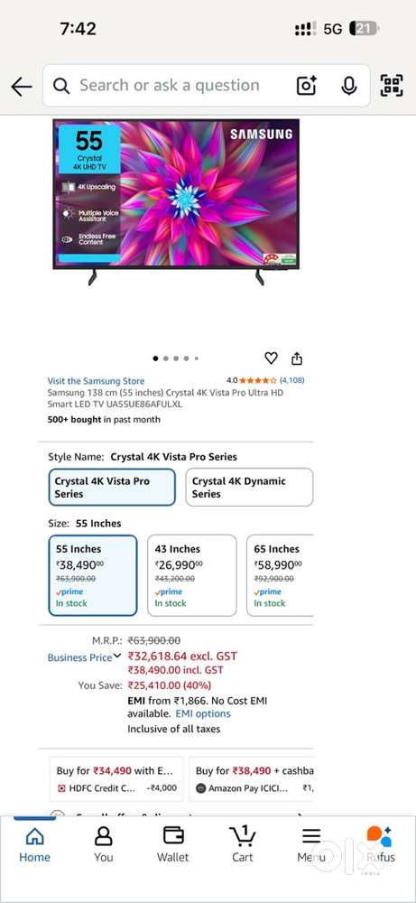 New led tv. Indian with bill. Only cal. Samsung 55 inch