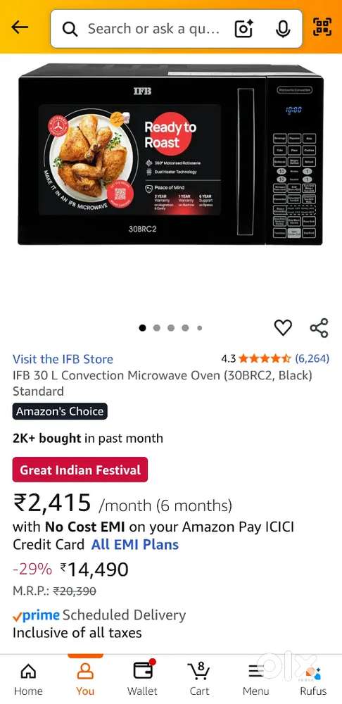 1 week old l IFB 30L Convection Microwave Oven (30BRC2,Black) Standard