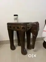 Antique Wooden Elephant Side Table & Upholstered Antique Stool
