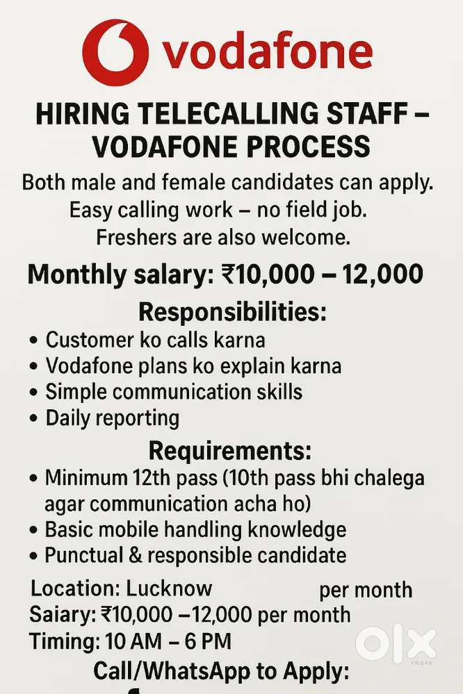 Hiring Telecalling Staff – Vodafone Process (Male/Female Both)