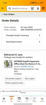 ASTRIDE Ergonomic Chair for Home or Studio (Purchase date: 20/06/25)