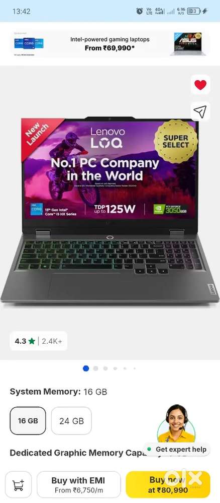 Lenovo loq intel Core i5 13thGen 13450HX,16GB.6GBgraphics card RTX3050