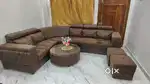 For Sale: 6 seater L-shaped Sofa set with center table and 2 Puffies