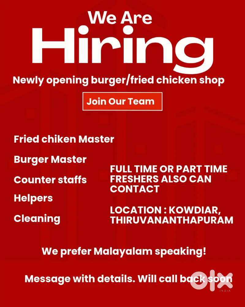 JOBS IN NEWLY OPENING BURGER/FRIED CHICHEN SHOP