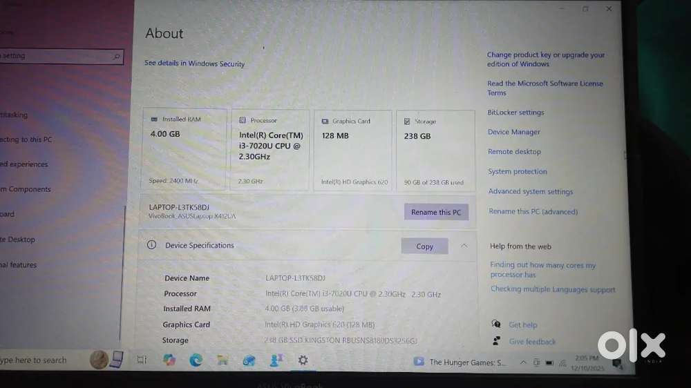 RAM-4 GB,Processer-i3,Graphics Card-128,Storage-238