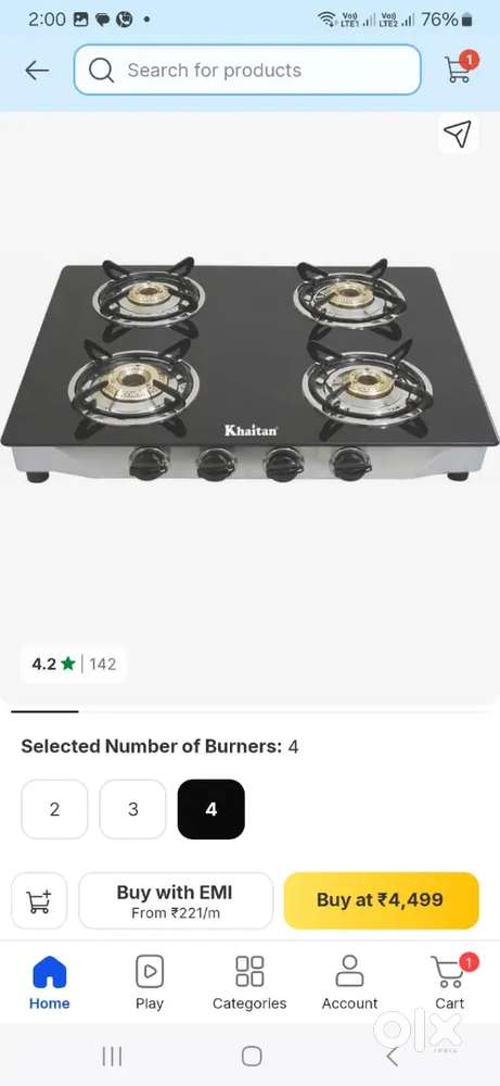 Brand new Khaitan 4burner gas stove