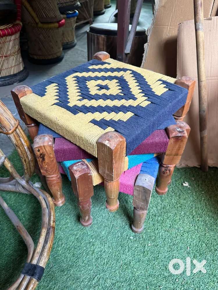 Wooden sheesham rope colourful pidha stool bench basket mudda chair